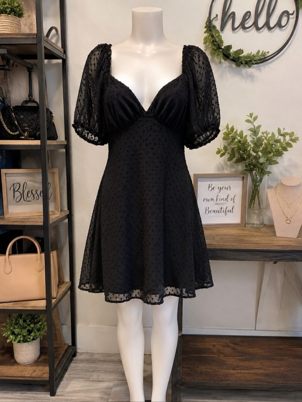 *Missguided Black Swiss Dot Puff Sleeve Midi Dress Pit 17 Length 35 Lined